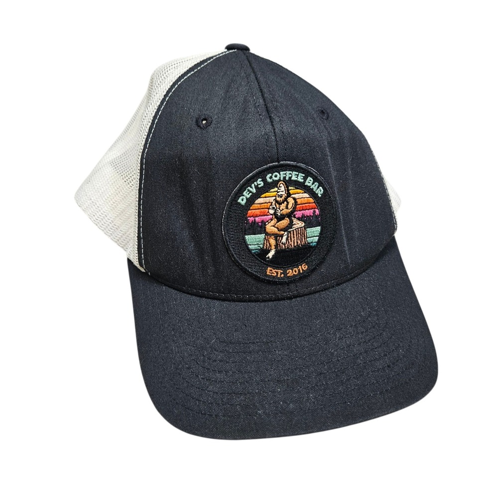 Dev's Coffee Bar‎ Bigfoot Trucker Hat Patch Logo Black White Adjustable Cap